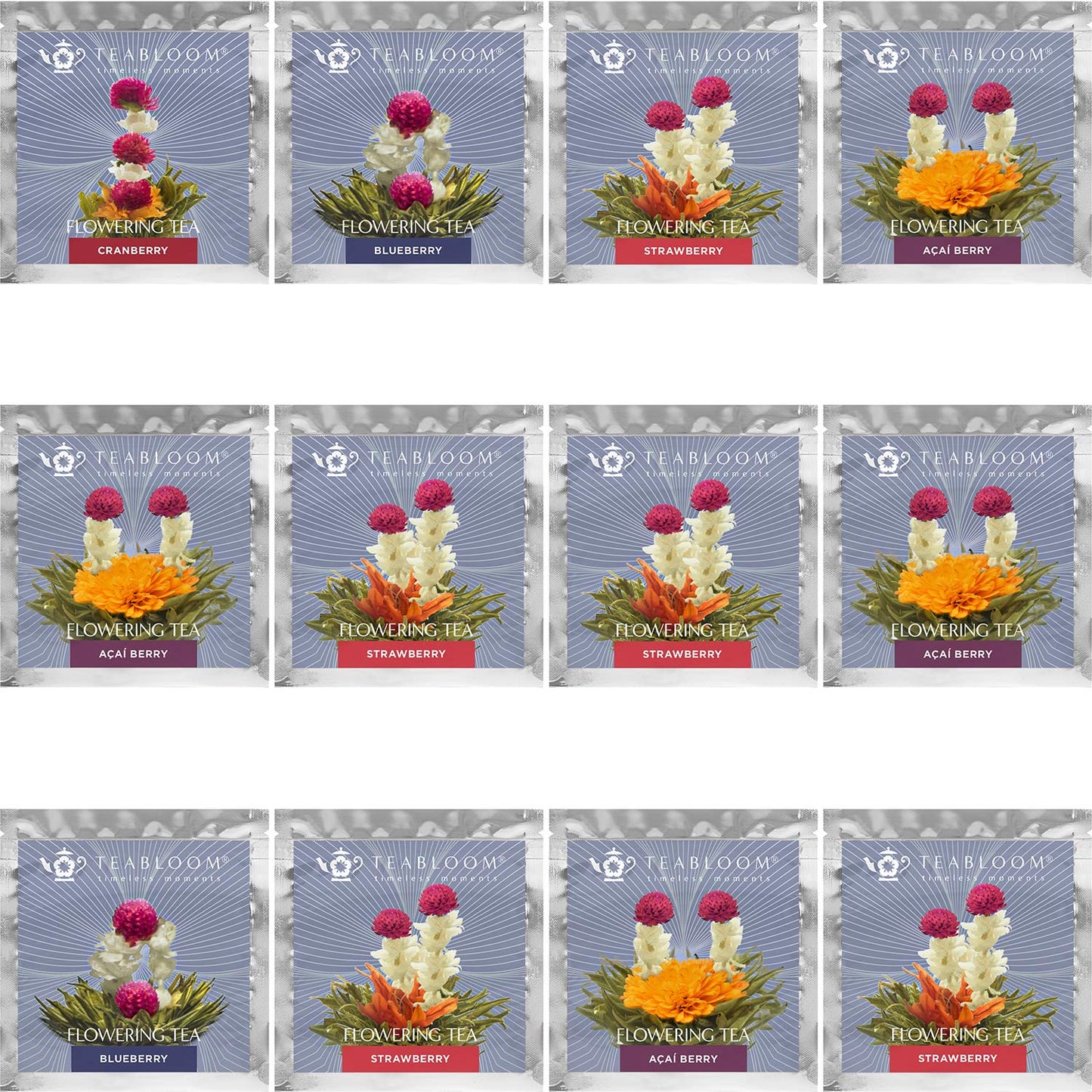 Teabloom Flowering Teas - 12 Assorted Berry Flavors - Premium Green Tea - 3.52 Ounce Pack