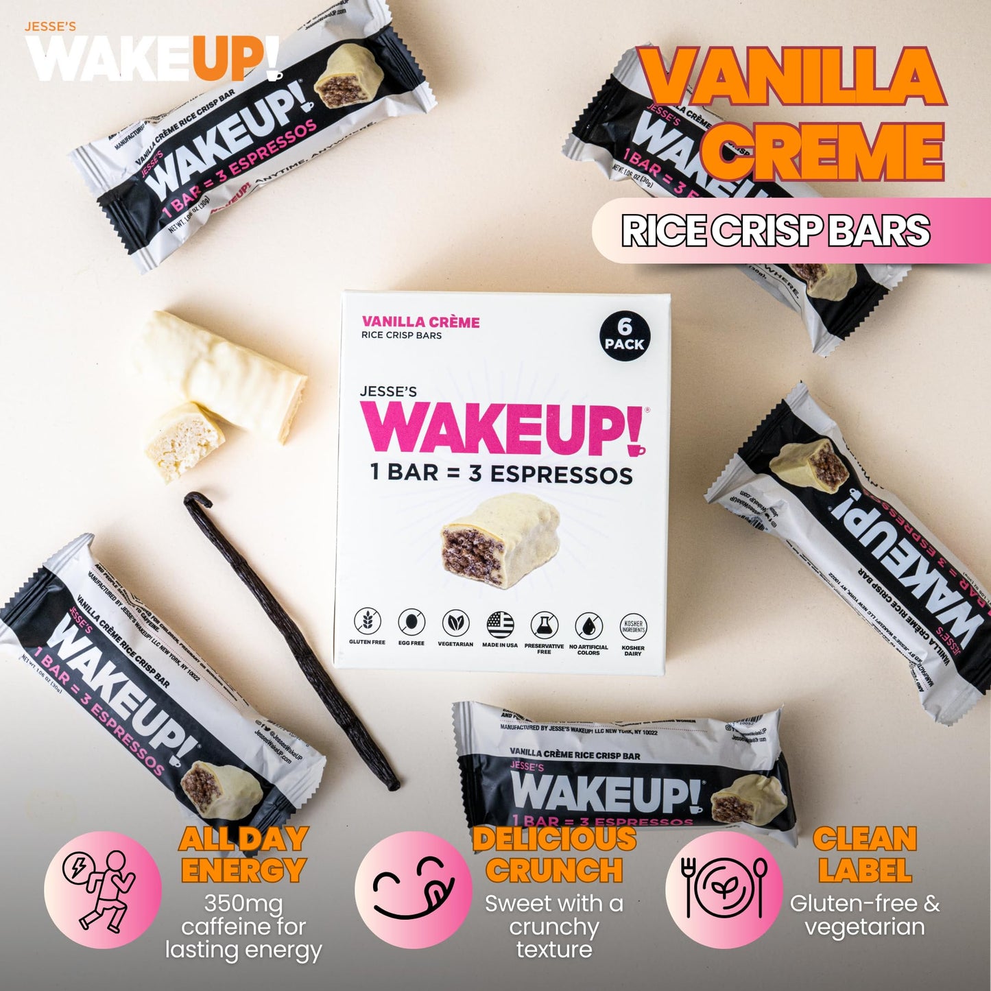 Wake Up! Vanilla Creme Caffeinated Protein Bars (1 Bar = 3 Espressos) – 350Mg Clean Caffeine For Energy, Focus & Happy Mornings – Gluten-Free, Kosher Ingredients, Vegetarian – Proprietary Blend For Smooth, Jitter-Free Energy – 6 Pack