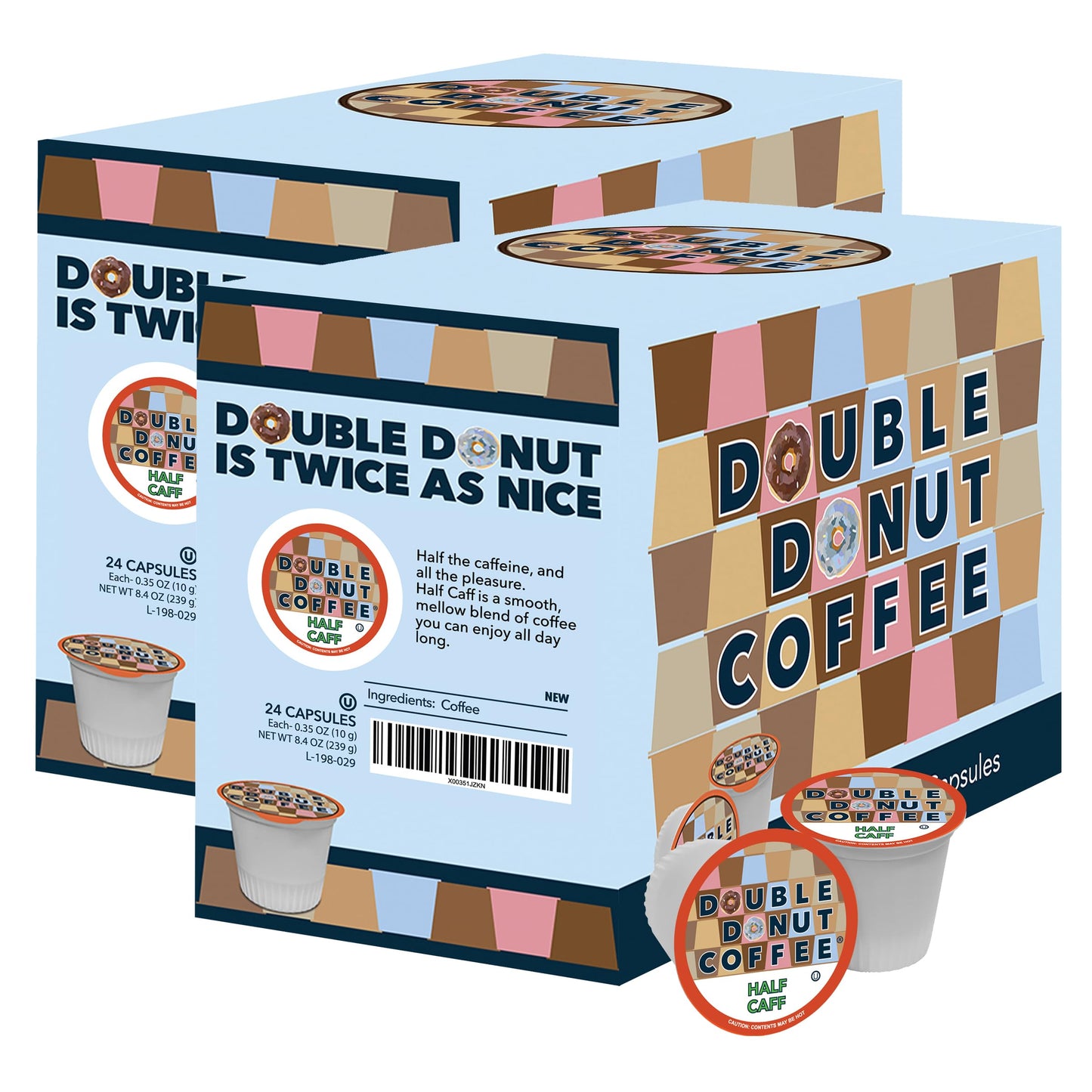 Double Donut Coffee Half Caff Coffee Pods, Medium Roast, 24 Count (Pack of 2) for Keurig K Cup malt-inspired