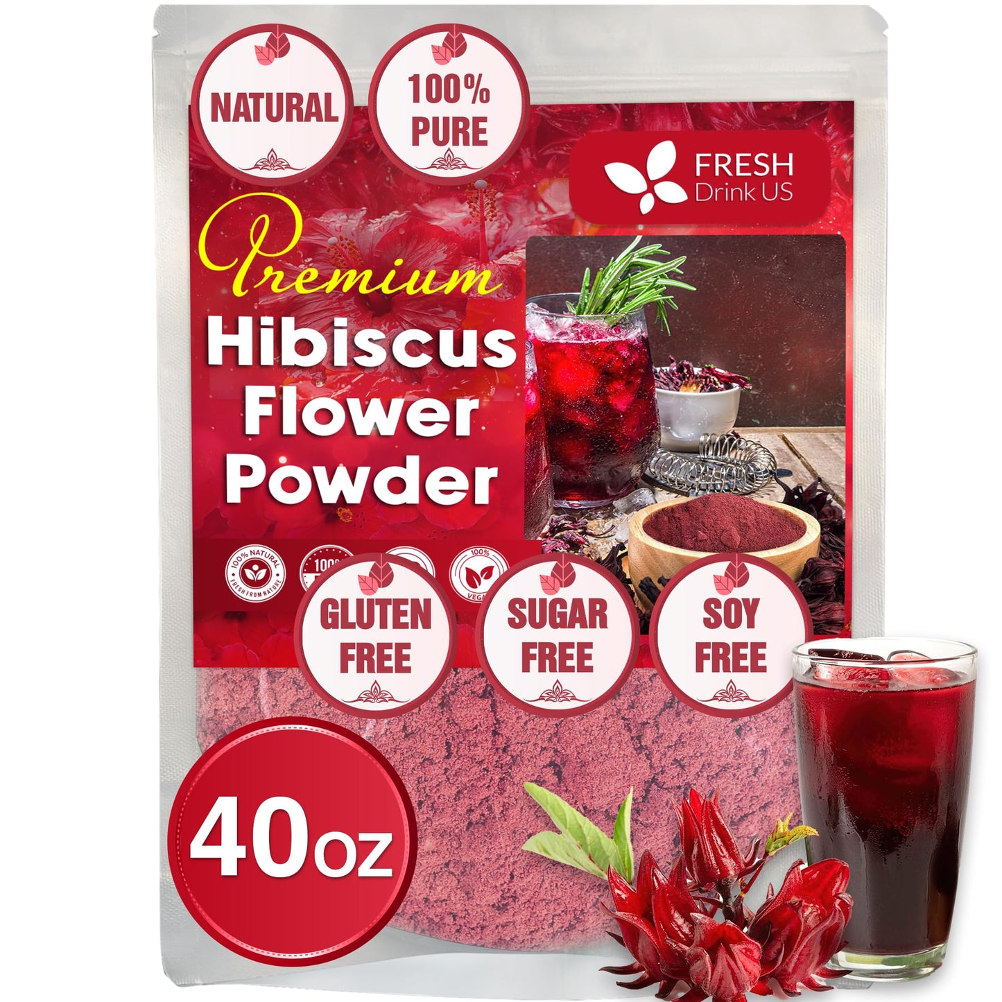 FRESHDRINKUS Natural Hibiscus Flower Powder, 100% Vegan, 40oz - No Additives, Gluten, or Sugar