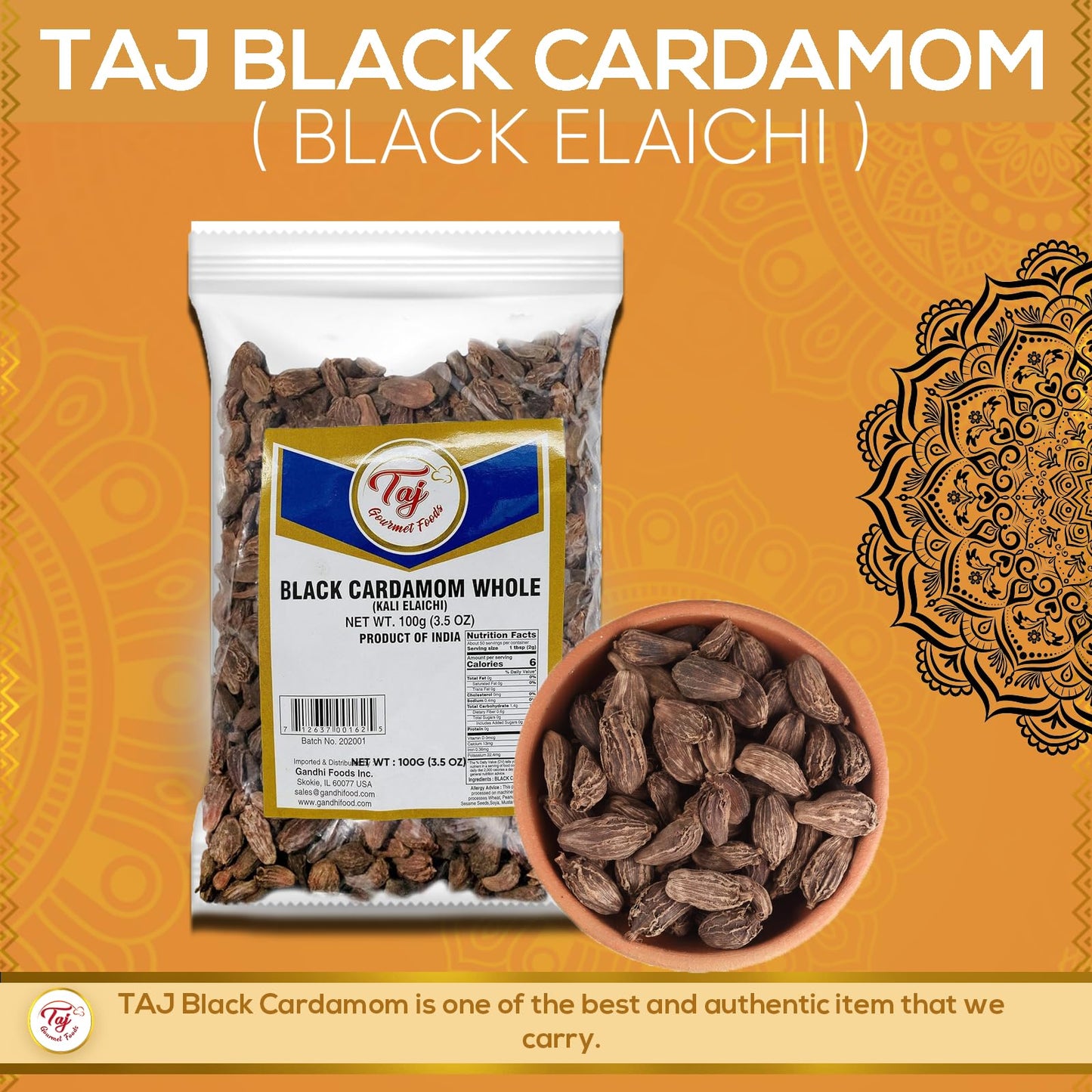 TAJ Premium Black Cardamom, Kali Elaichi, 3.5-Ounce Pack, Gourmet Spice