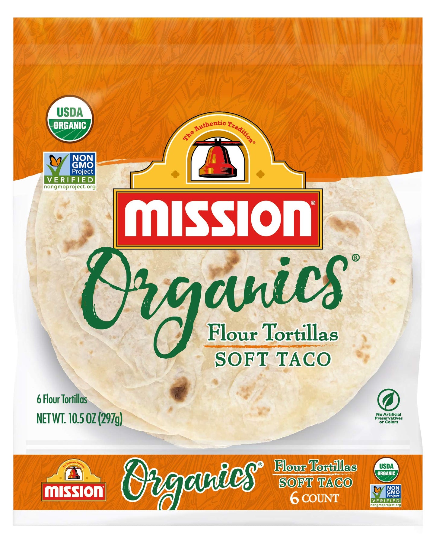 Mission Organics Flour Tortillas, Non GMO, Trans Fat Free, Medium Soft Taco Size, 6 Count