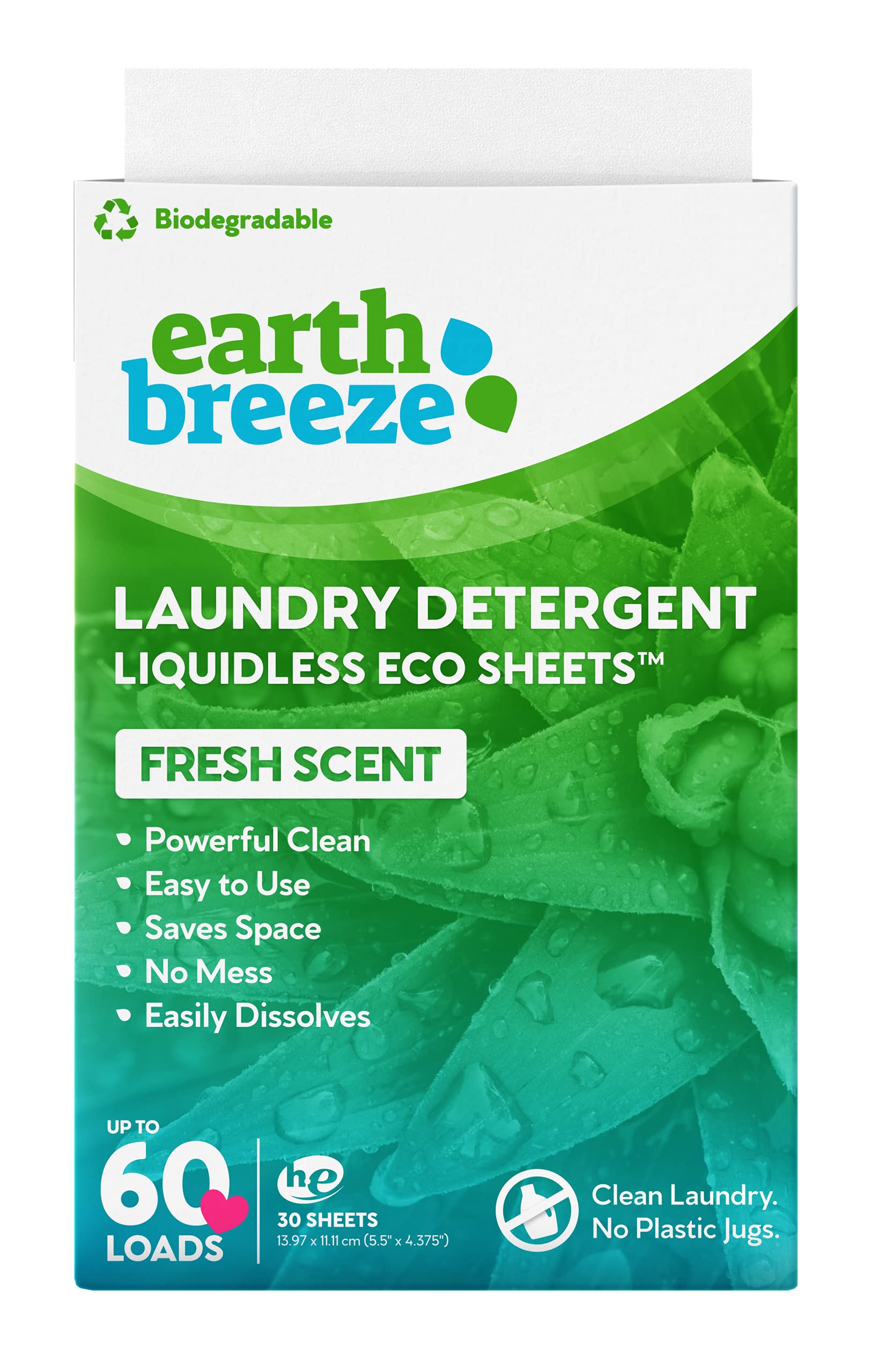 Earth Breeze Laundry Detergent Sheets - Fresh Scent - No Plastic Jug (60 Loads) 30 Sheets, Liquidless Technologya