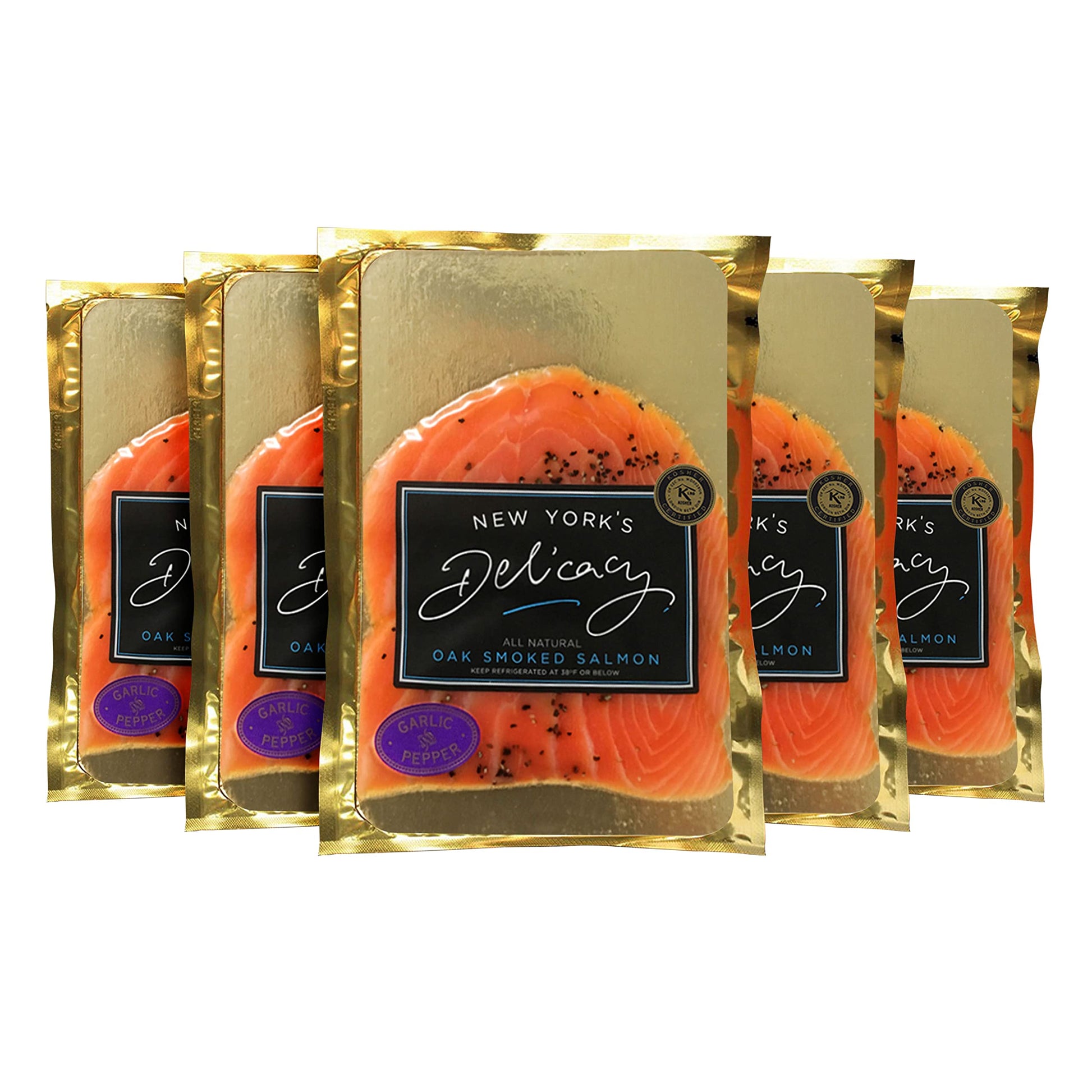 New Yorks Delicacy Smoked Salmon Nova - Pre-Sliced, Garlic & Pepper - 5 x 4 Oz. - Kosher, Gluten Free, High in Omega 3