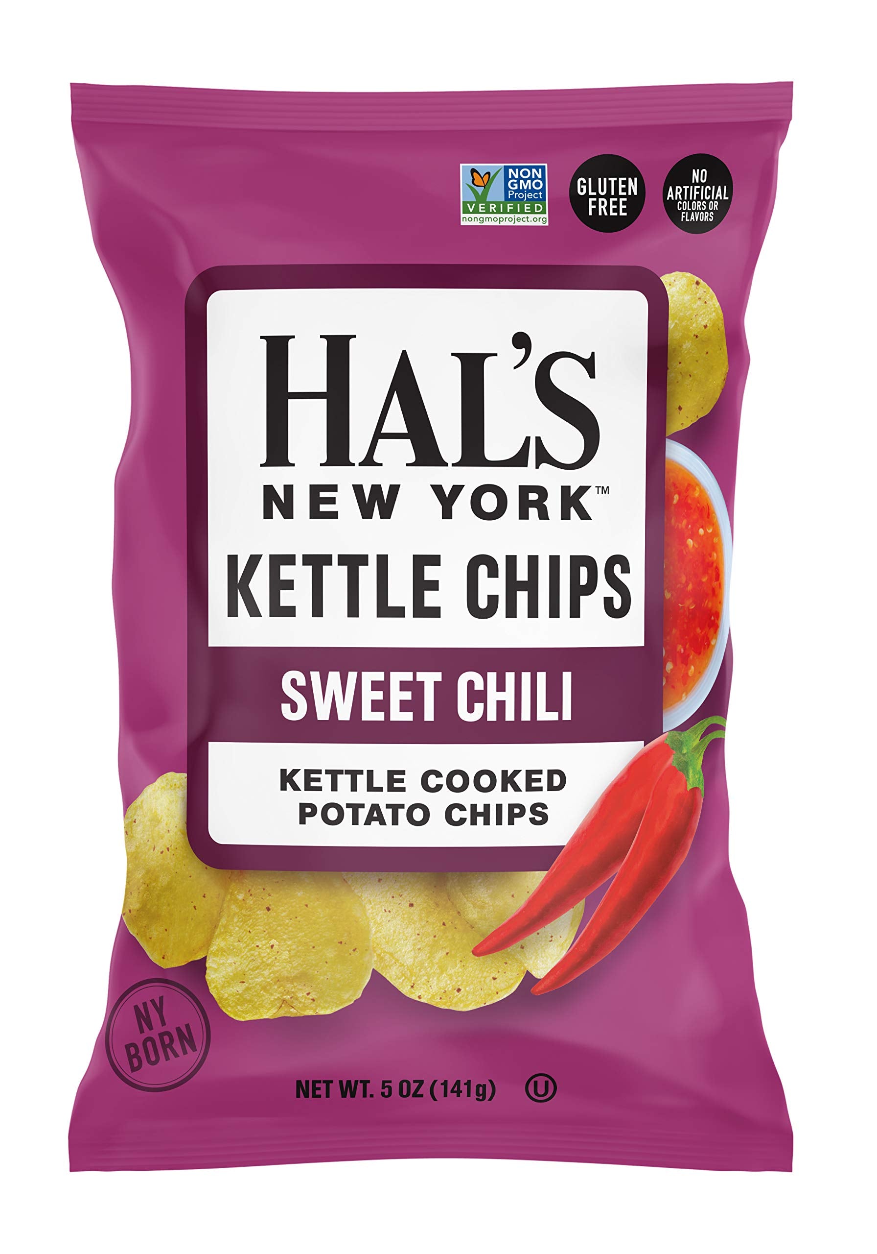 Hal's New York Kettle Cooked Potato Chips, Gluten Free, Sweet Chili, 5 oz Bag (Pack of 6)