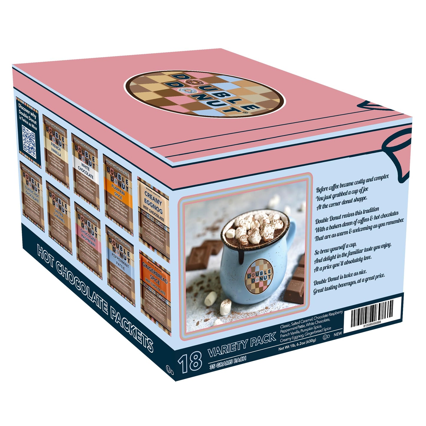 Double Donut Flavored Hot Chocolate Packets Variety Pack,18 Count Includes Classic, Chocolate Raspberry, Salted Caramel & Pepper