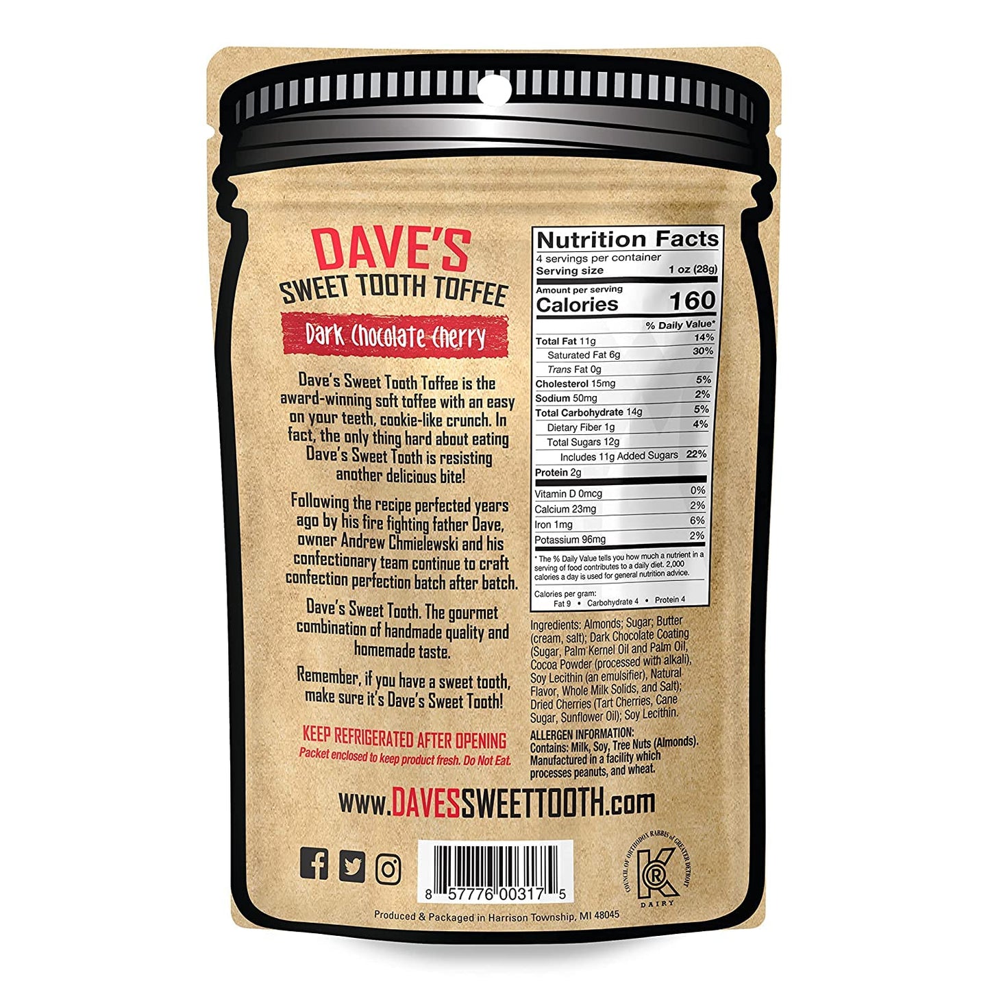 Daves Sweet Tooth Toffee - Dark Chocolate Cherry Toffee Gift Set (4 oz. x 2) - Handmade Dark Chocolate Covered Cherries Toffee