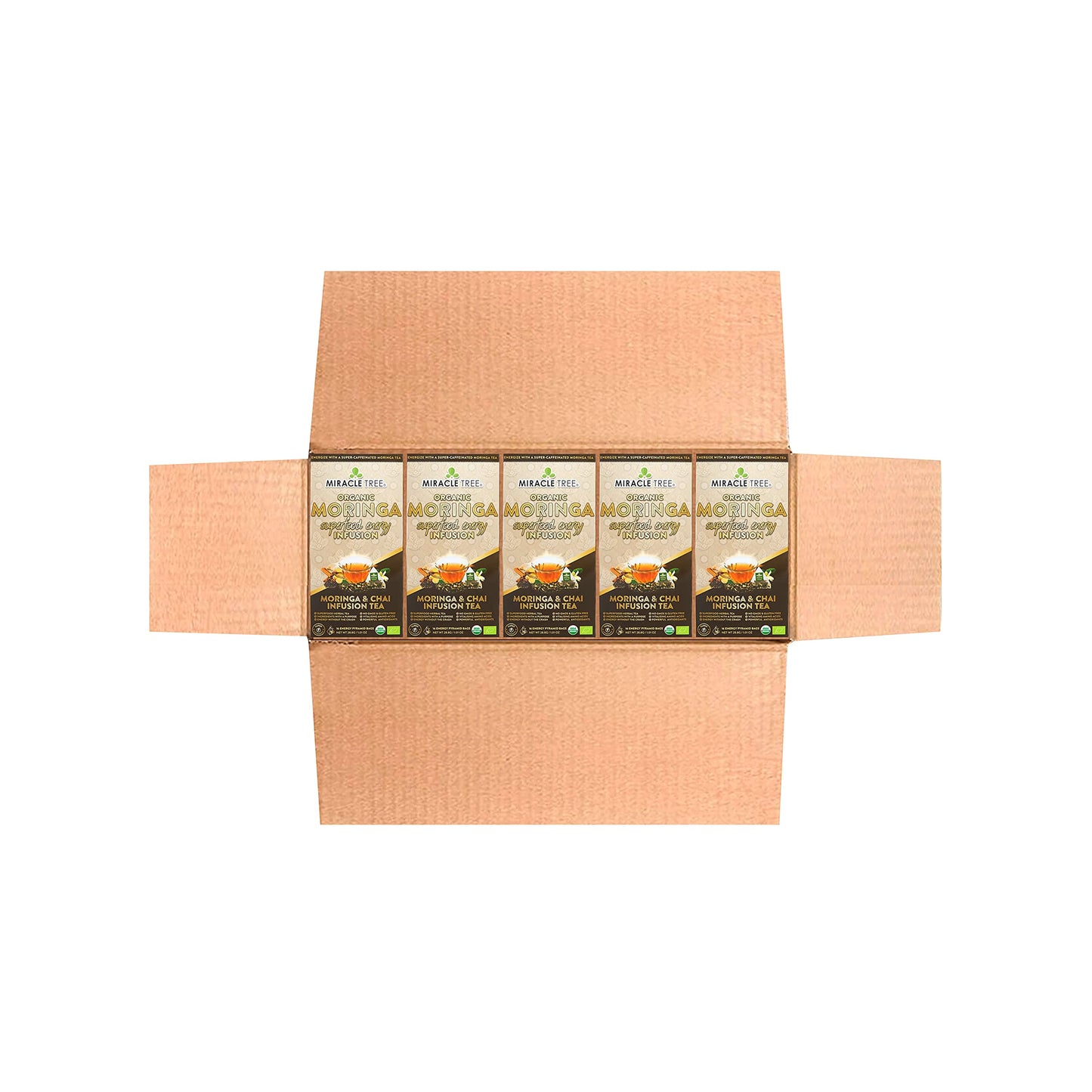 Miracle Tree Moringa Energy Tea - Chai, Organic & Non-GMO, 16 Count (Pack of 5)
