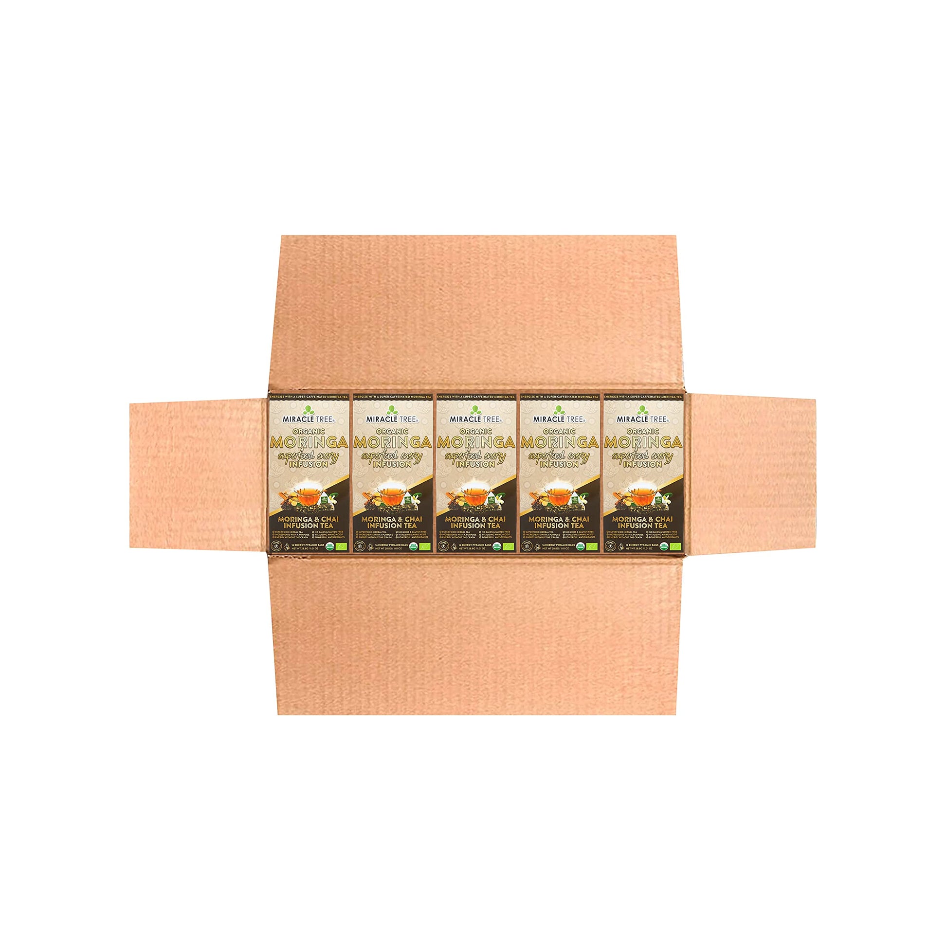 Miracle Tree Moringa Energy Tea - Chai, Organic & Non-GMO, 16 Count (Pack of 5)