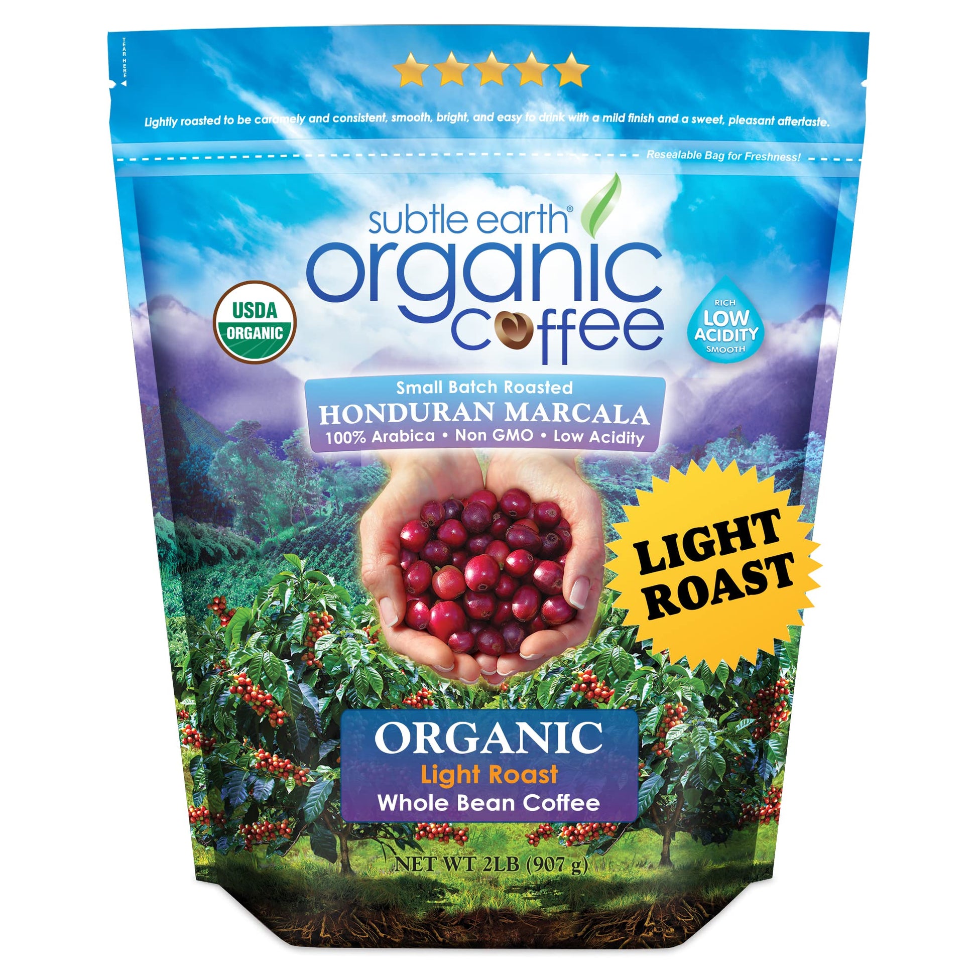 Subtle Earth Organic Coffee - Light Roast - Whole Bean Coffee - 100% Arabica Beans - Low Acidity And Non-Gmo - 2Lb Bag