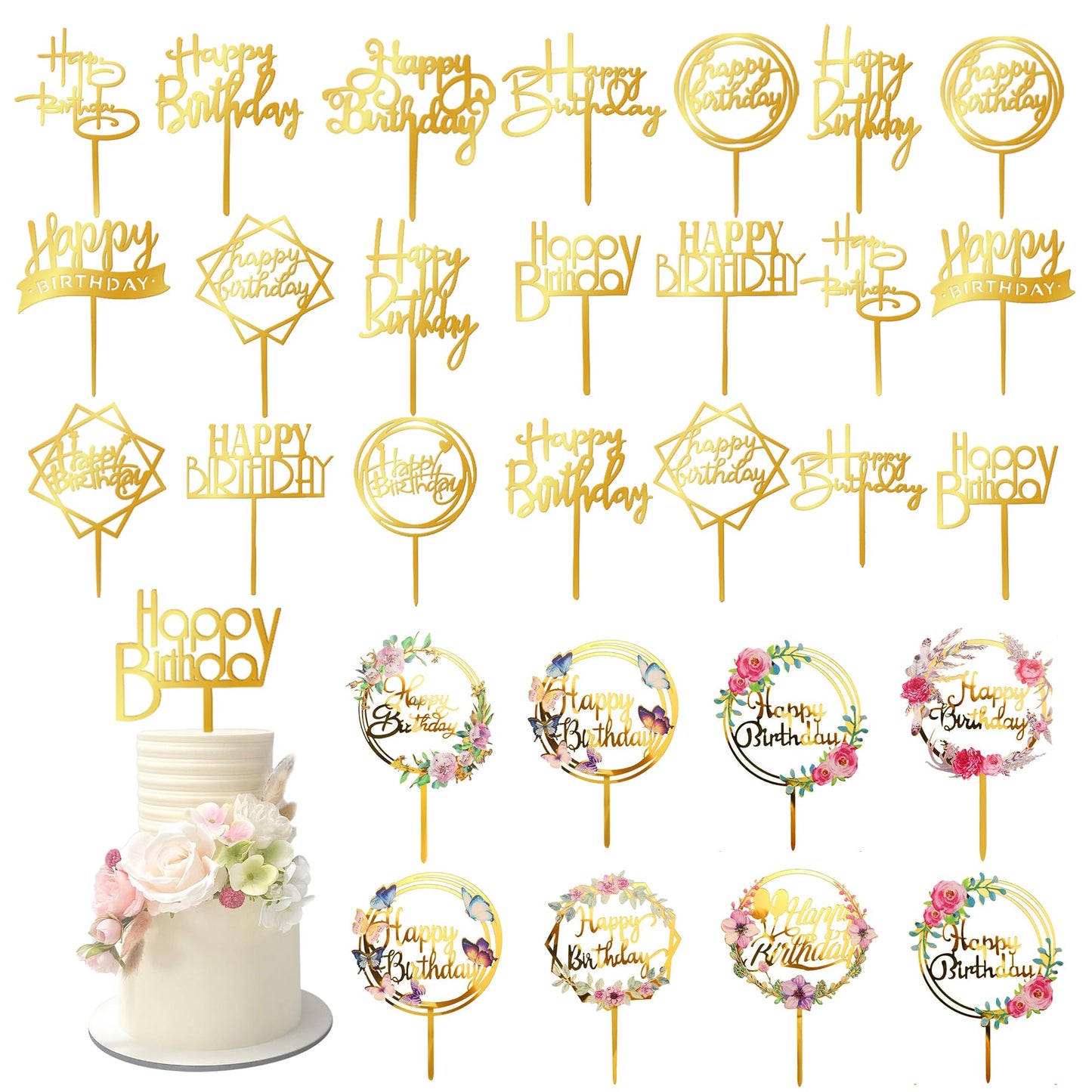 32 PCS Gold Happy Birthday Cake Toppers Flower Acrylic Gold Birthday Cake Topper Cake Pick Decorations for Birthday Party Cake D