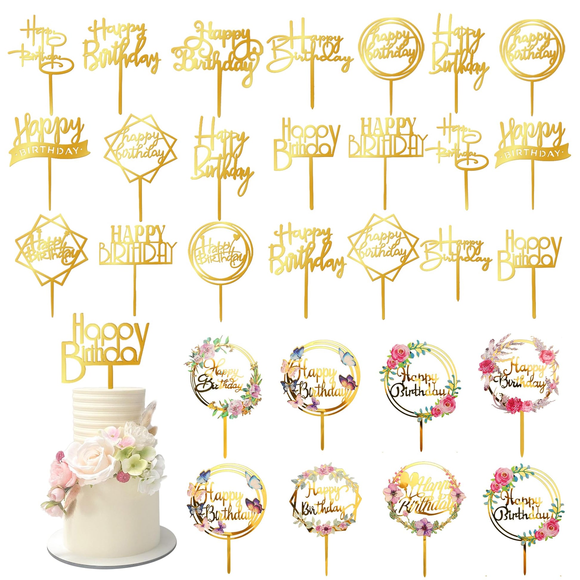 32 PCS Gold Happy Birthday Cake Toppers Flower Acrylic Gold Birthday Cake Topper Cake Pick Decorations for Birthday Party Cake D