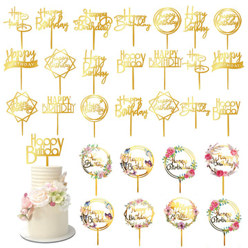 32 PCS Gold Happy Birthday Cake Toppers Flower Acrylic Gold Birthday Cake Topper Cake Pick Decorations for Birthday Party Cake D