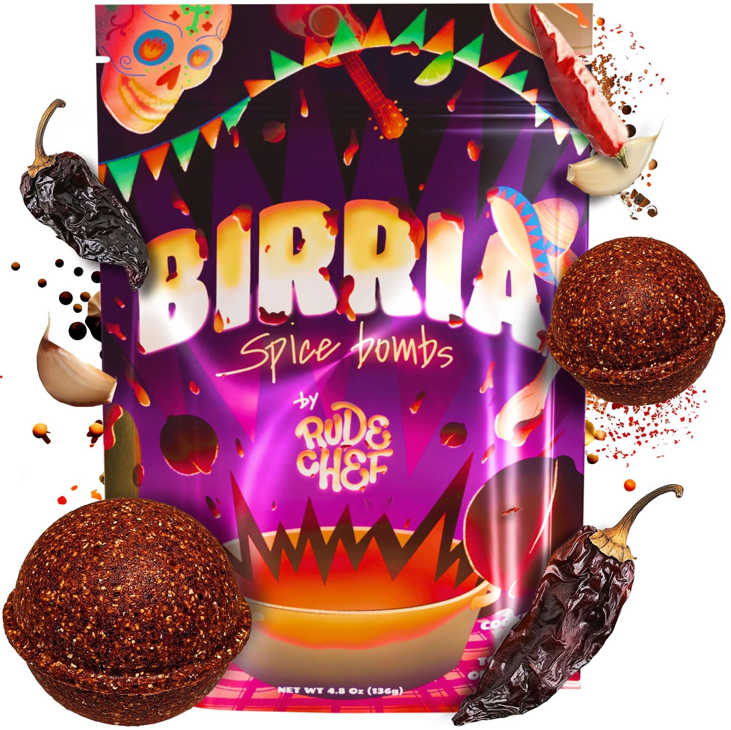 Rude Chef Birria Bomb Balls - Authentic Taco Seasoning - Vegan - 2 Pack - 2.4 Ounce Each