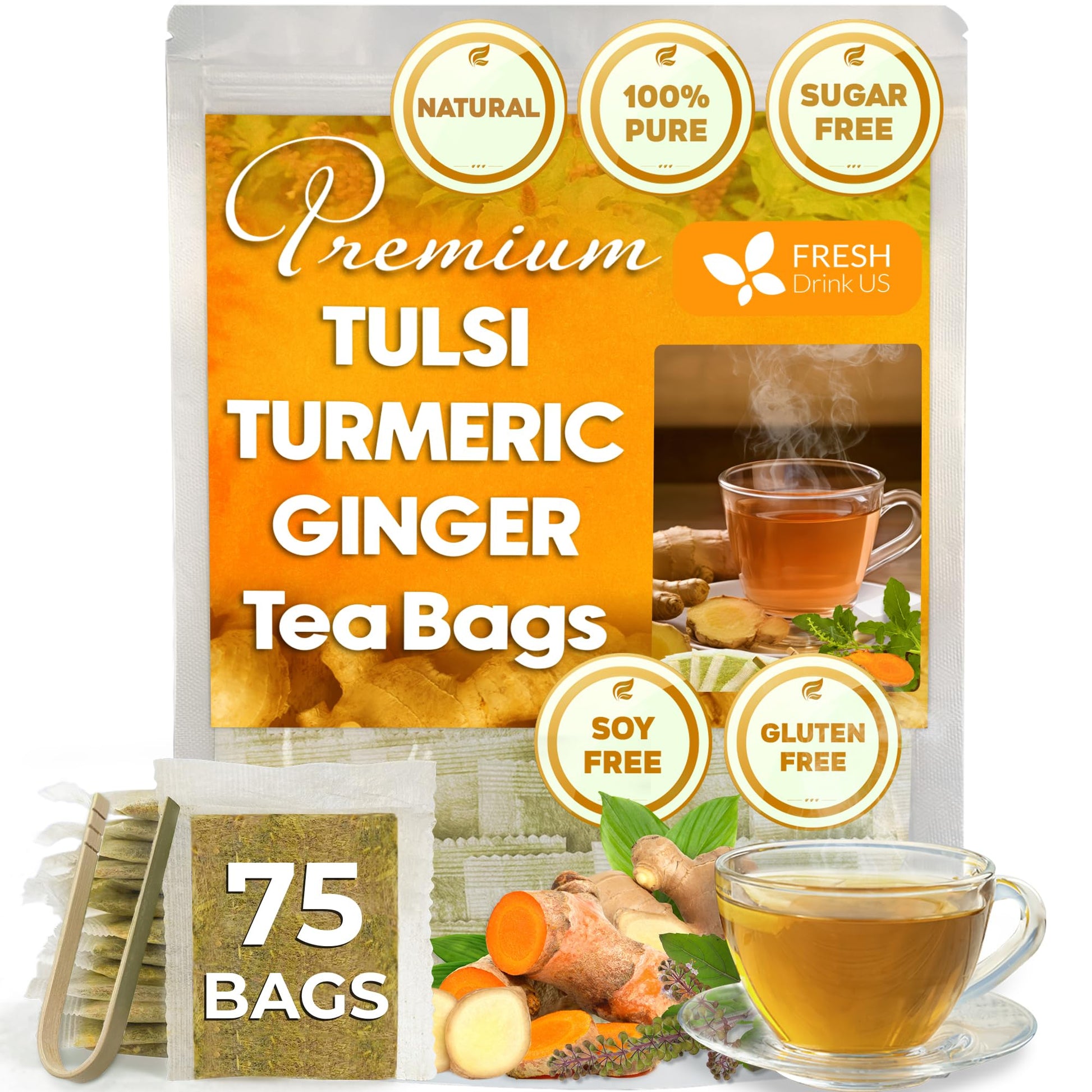 FRESHDRINKUS Tulsi Turmeric Ginger Tea Bags, 100% Natural, Vegan, 75 Bags