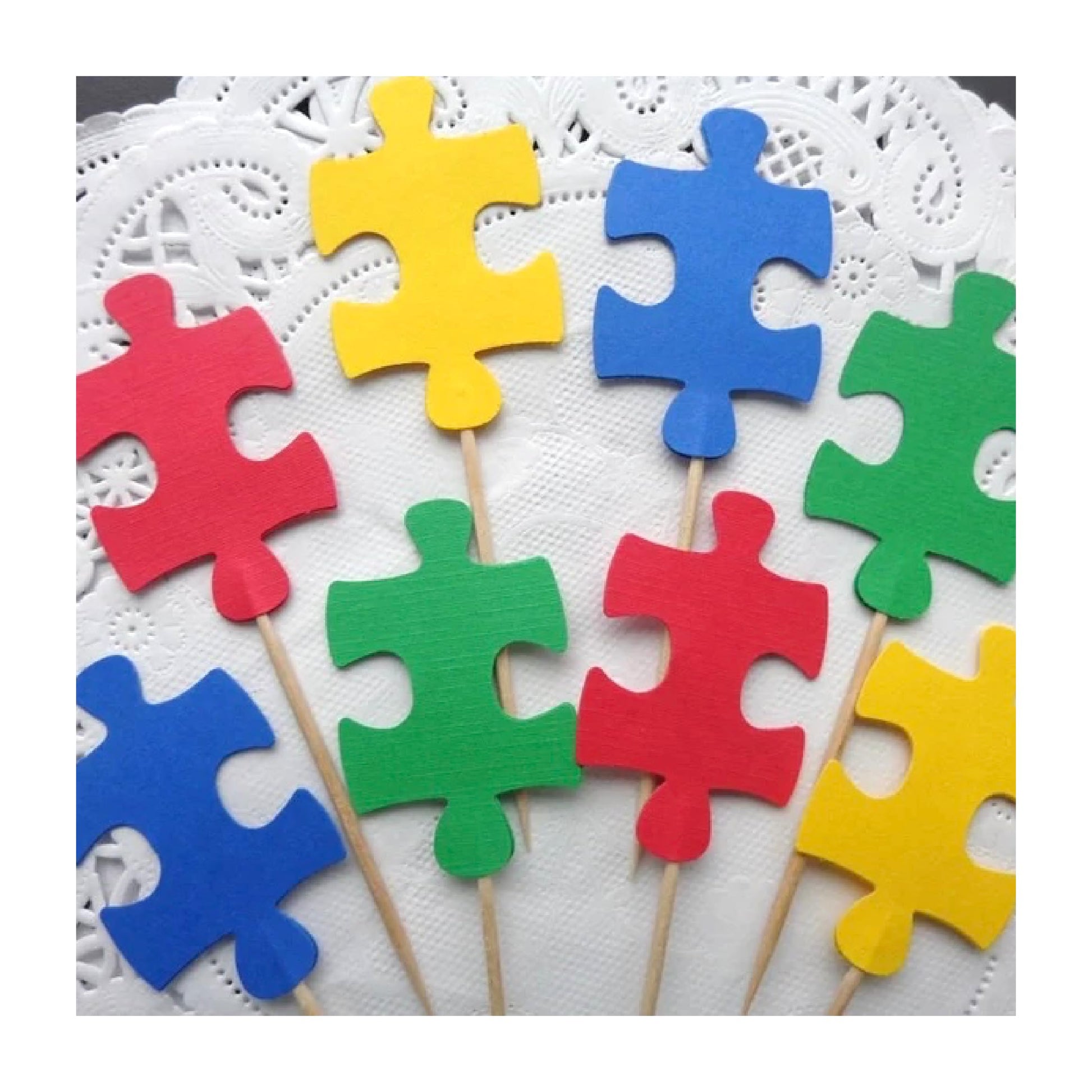 Puzzle Piece Cupcake Toppers - Top-Grade Double Sided Food Picks - Party Picks - School Party Appetizer Picks (Set Of 24)