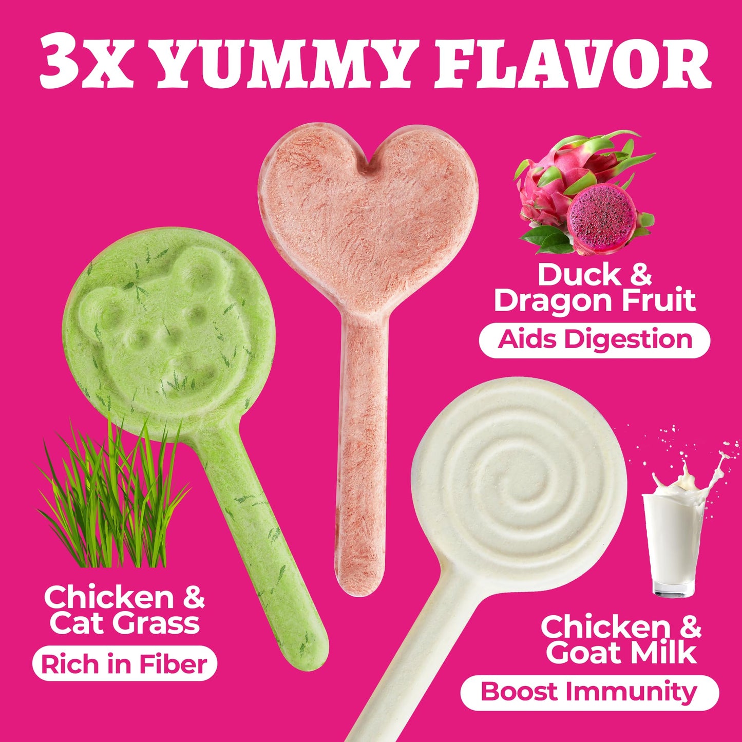 Wellix Freeze Dried Dog&Cat Treats - High Protein Chicken Recipe Lollipop Cat Treats - Three Flavors (Cat Grass, Dragon Fruit, G