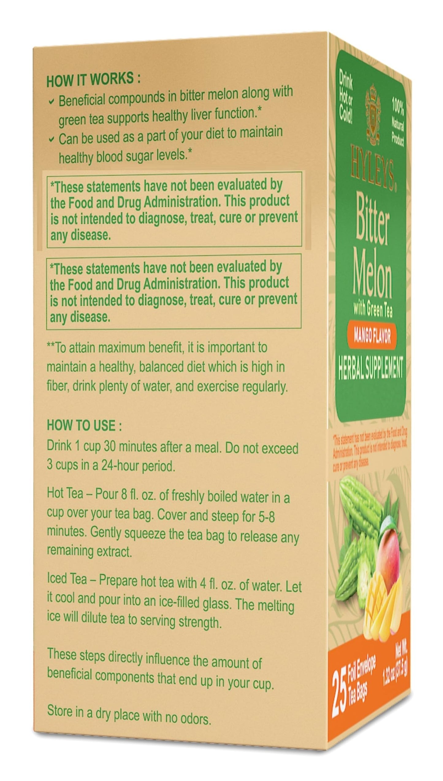 HYLEYS Guava Leaf Tea with Green Tea - 25 Tea Bags, 25 Count (Pack of 1), Model 84254