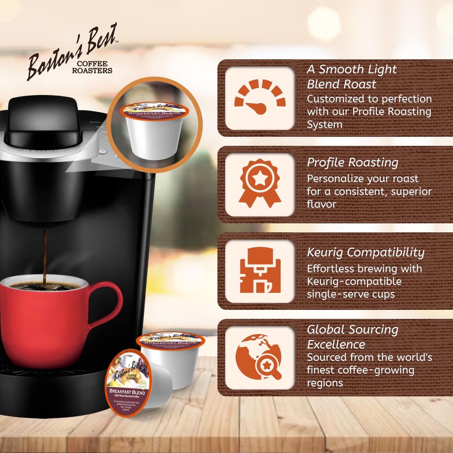 Bostons Best Smooth Light-Roast Breakfast Blend Coffee, 12 Single Serve Cups, Compatible with Keurig Coffee Maker, Model 017809009288