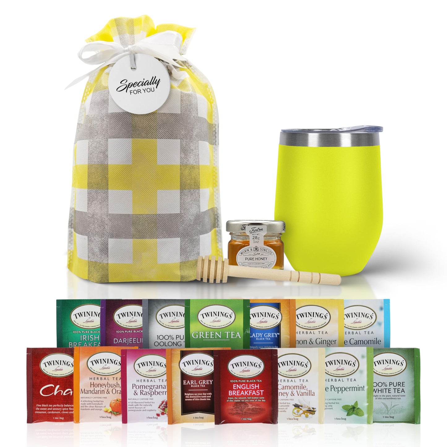 Modern Elegance Tea Gift Set for Mothers Day - Assorted Teas, Elegant Mug & Honey - Yellow