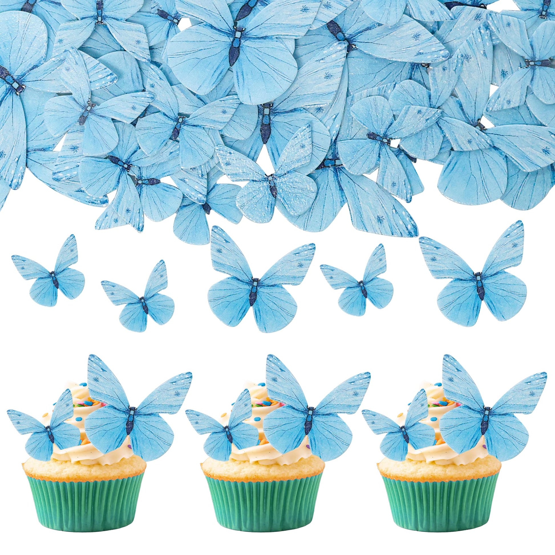 Gyufise 72Pcs Edible Butterfly Cupcake Toppers, Blue Rice Paper Decorations for Baby Shower & Kids Birthday Party, 1.8x1.1