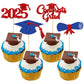 Gyufise 24Pcs Congrats Grad 2025 Cupcake Toppers Blue Red Graduation Cap Diploma Cake Decorations