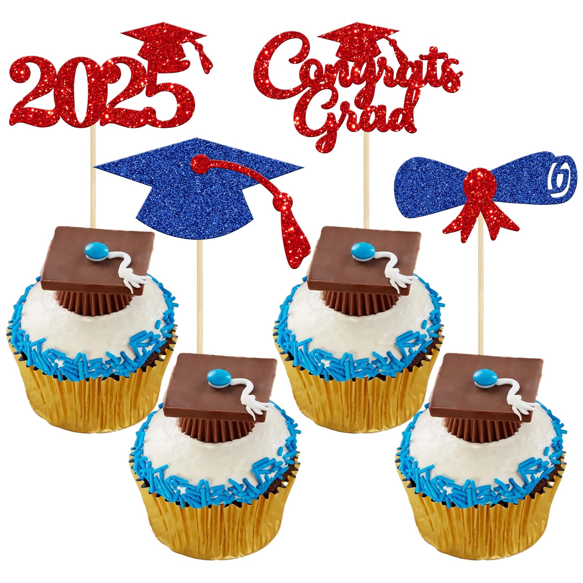 Gyufise 24Pcs Congrats Grad 2025 Cupcake Toppers Blue Red Graduation Cap Diploma Cake Decorations