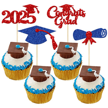 Gyufise 24Pcs Congrats Grad 2025 Cupcake Toppers Blue Red Graduation Cap Diploma Cake Decorations