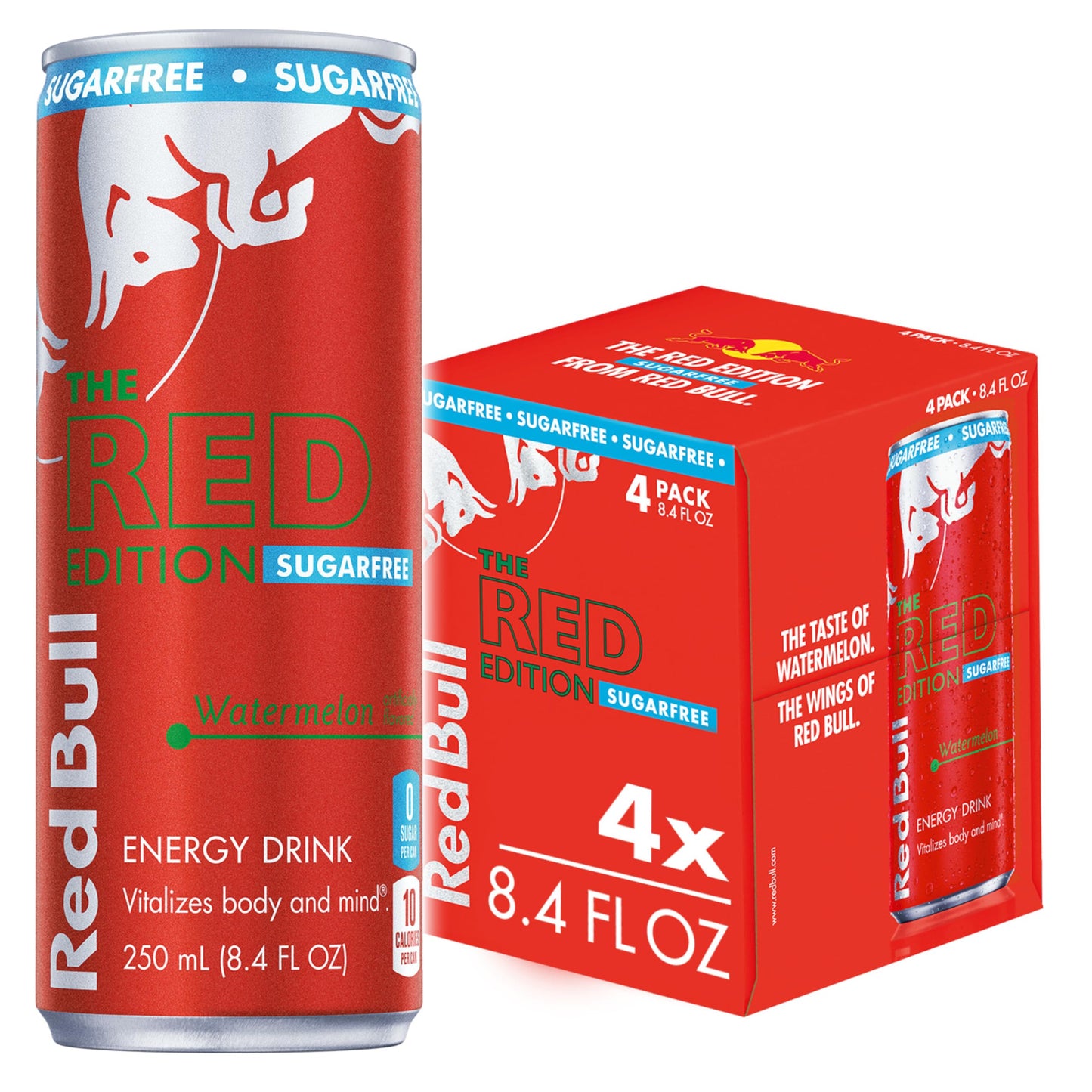 Red Bull Red Edition Sugar Free Energy Drink  Watermelon  with 80mg Caffeine plus Taurine & B Vitamins  8.4 Fl Oz  Pack of 4 Cans