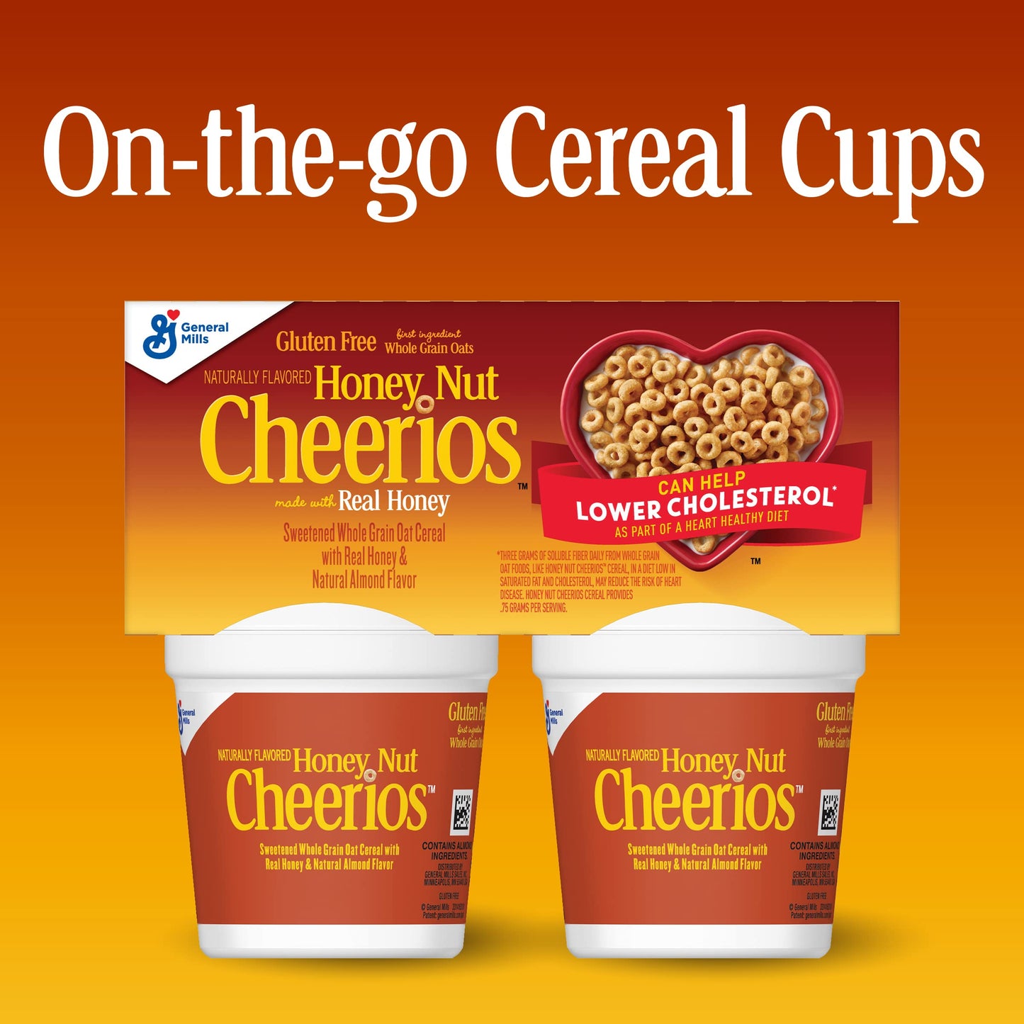 Big G Cereal Honey Nut Cheerios Gluten Free Cereal, 4Pk Cup 7.2Oz