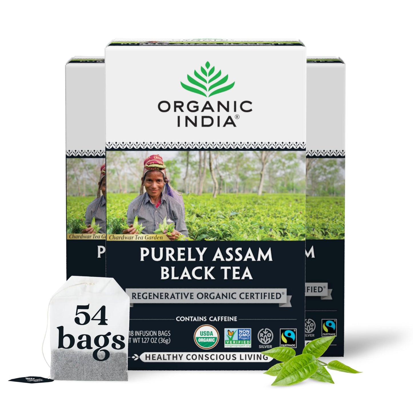 Organic India Purely Assam Black Tea - Caffeinated Herbal Tea Bags With Natural Assam Leaves  Enjoy With Milk & Sweetener  Usda Organic  Non-Gmo  Fairtrade Certified - 18 Bags (Pack Of 3)