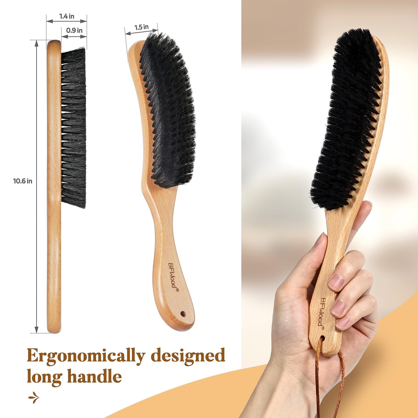 Bfwood Clothes Brush - Boar Bristle Lint Brush For Suits, Cashmere, Wool, Velvet, Suede And Pet Hair - Large Beech Handle