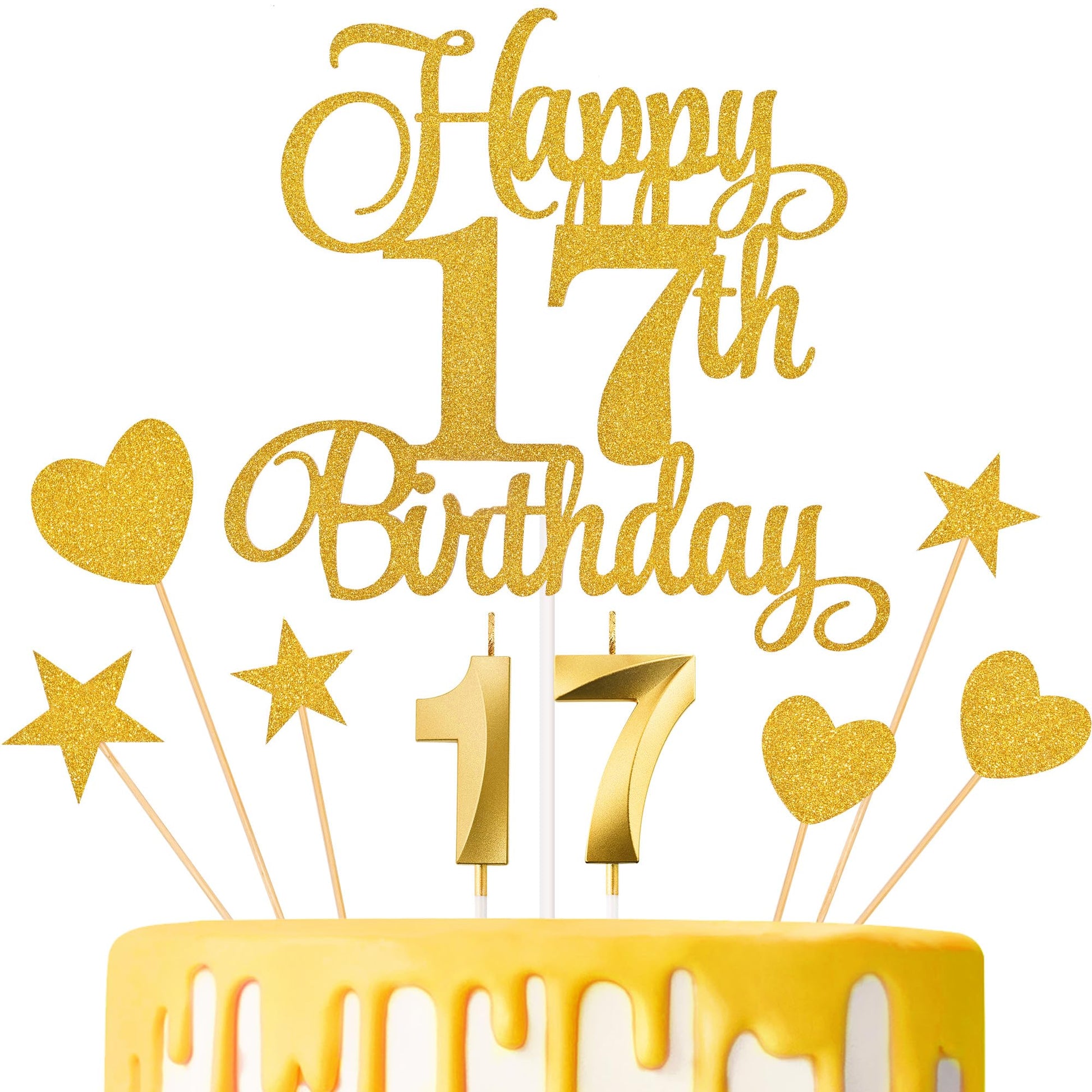 Lecferrarc 17th Birthday Cake Decorations Set, Gold Glitter Toppers and Candles