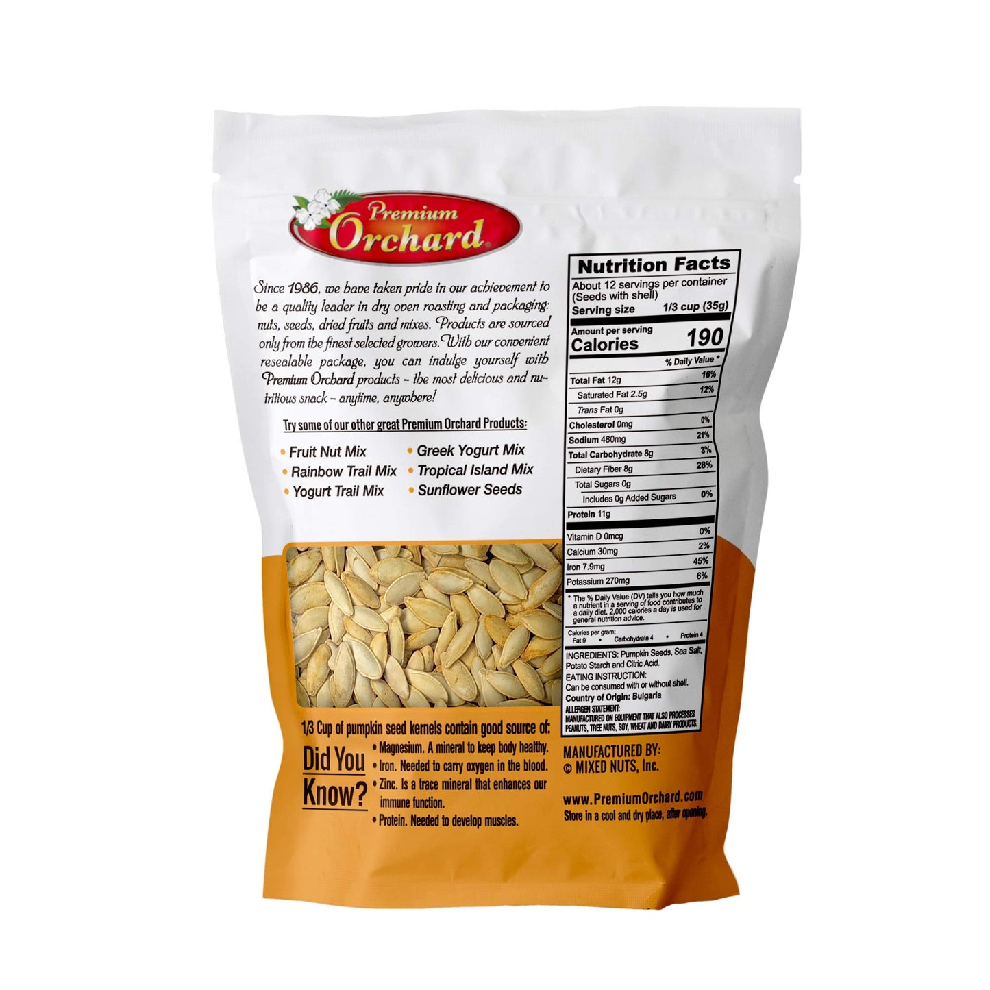 ROASTED PUMPKIN SEEDS to Eat in Shell by enhanced Orchards MIXED NUTS - Salted with Sea Salt - Non-GMO Vegan Fresh Healthy Snacks/ - Great source of Plant Protein  Zinc  Magnesium & Iron (Value Pack - 3 Bags)