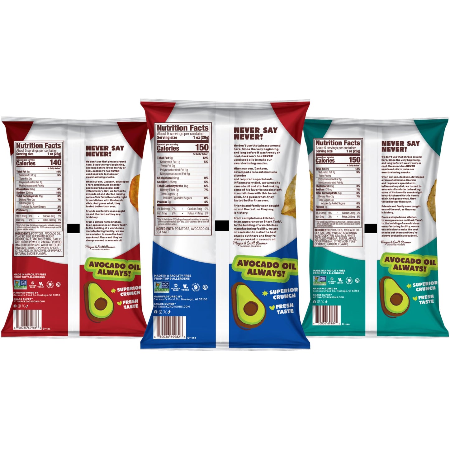 Jackson's Classic Kettle Potato Chips Variety Pack, 5 oz (Pack of 7) - Gluten Free, Vegan, Made with Avocado Oil, Sea Salt, BBQ & Vinegar Flavors