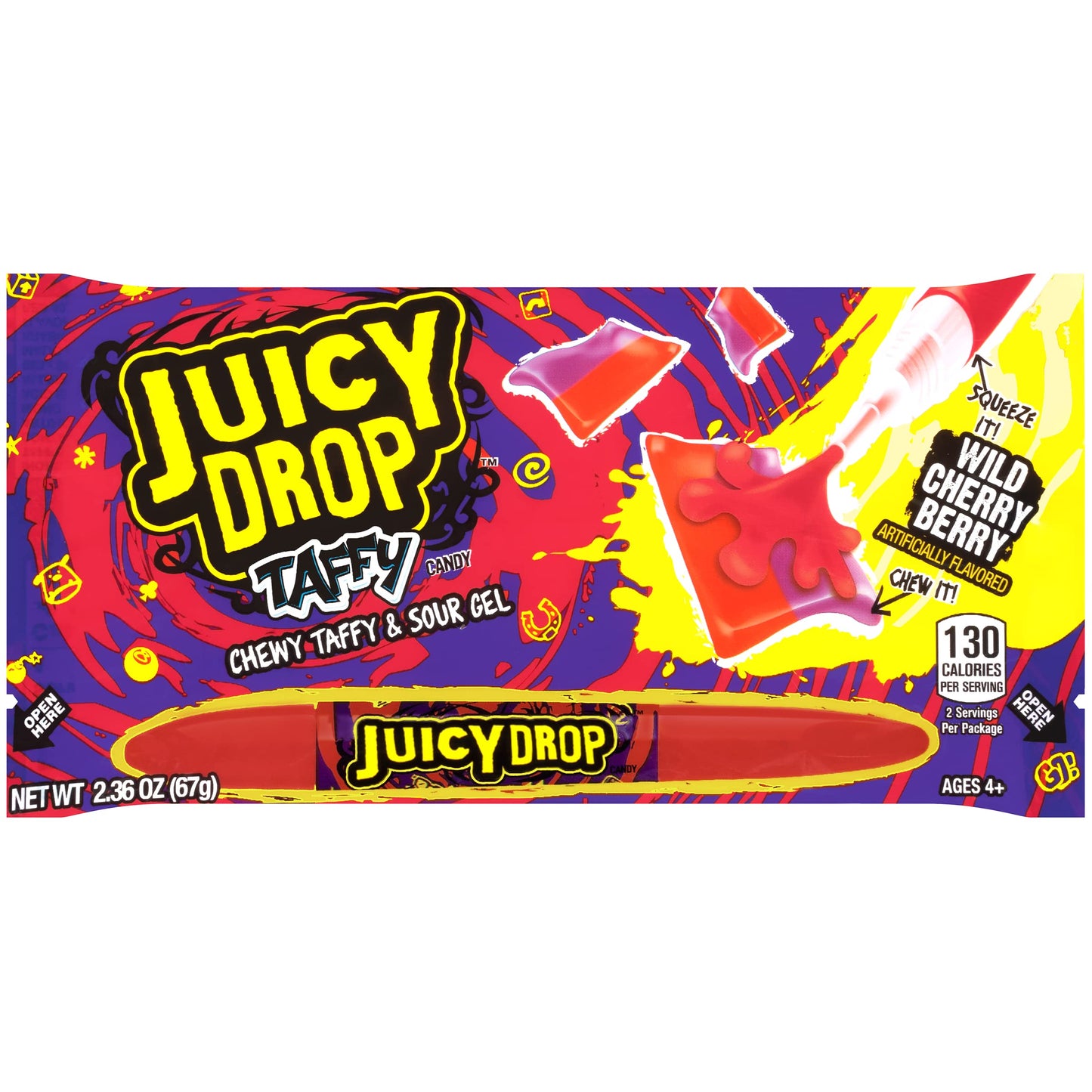 Juicy Drop Taffy Variety Pack, Assorted Flavors Sweet Chewy Candy with Sour Gel Pen, 2.36 Oz, 16 Count