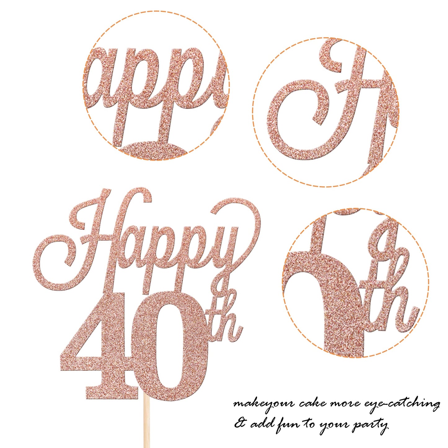 YCTHUNFISH Happy 40th Cake Topper, Black Glitter Number 40, Rose Gold, Bamboo, Birthday Party Decorations
