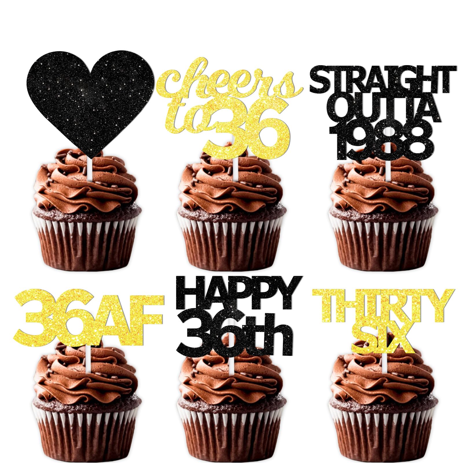 18Pcs Black Gold Glitter Dessert Cupcake Pick For Straight Outta 1988 Cheer To 36 Years Old Theme Decor Supplies Happy 36Th Birt