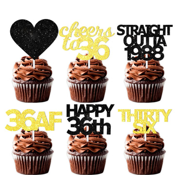 18Pcs Black Gold Glitter Dessert Cupcake Pick For Straight Outta 1988 Cheer To 36 Years Old Theme Decor Supplies Happy 36Th Birt