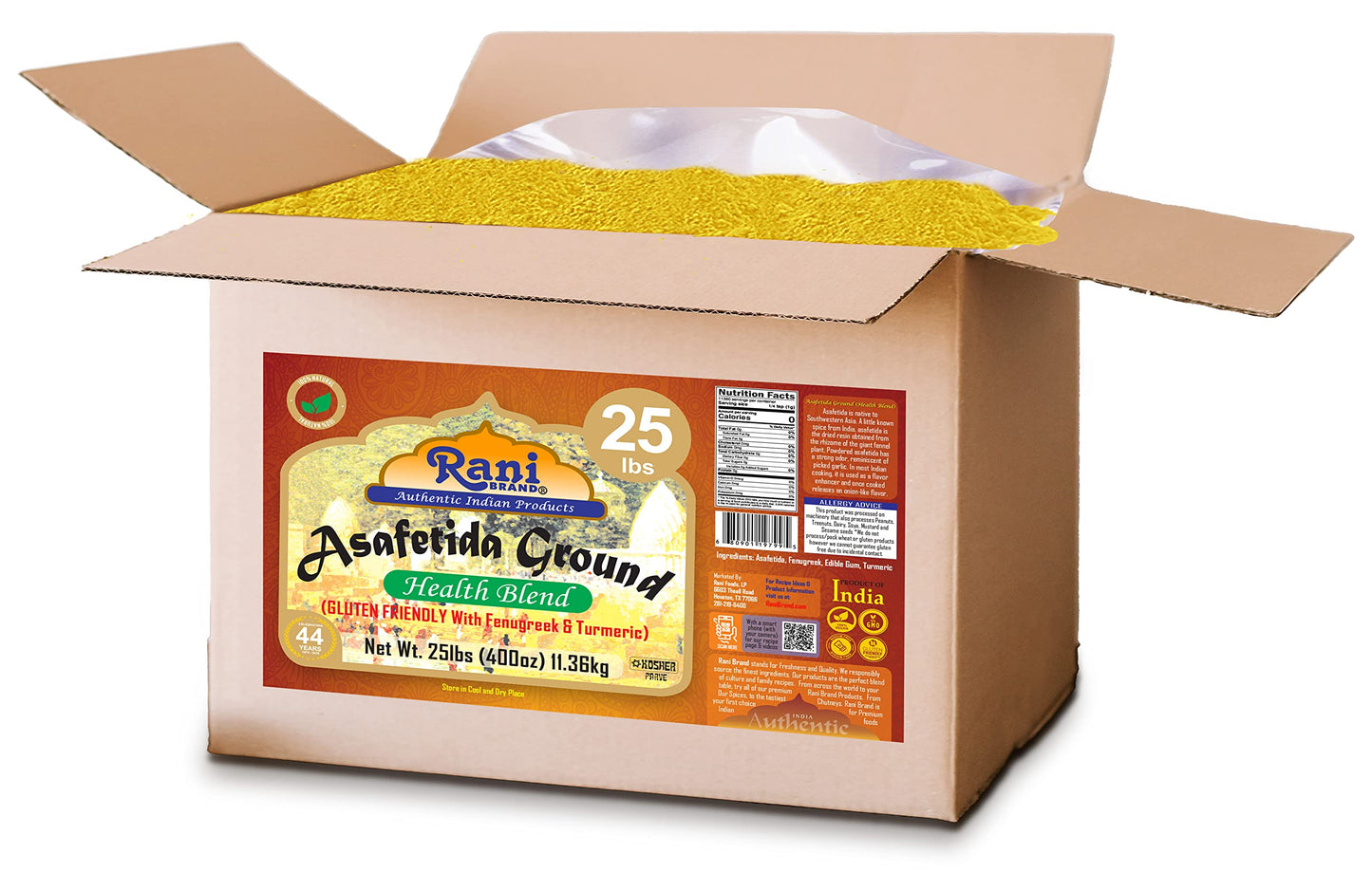 Rani Asafetida (Hing) Ground Health Blend w/Fenugreek and Turmeric 400oz (25lbs) 11.36kg Bulk Box ~ All Natural | Salt Free | Ve