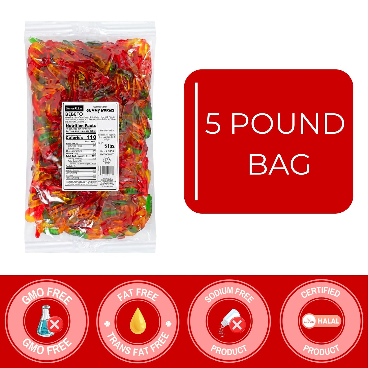 Kervan Candy Bebeto Gummy Worms - Fruity, Soft & Sweet Gummy Candy Bulk For Kids, Gift Snacks And Parties - Classic Worms Gummies Big Party Size Bag (5 Lbs)