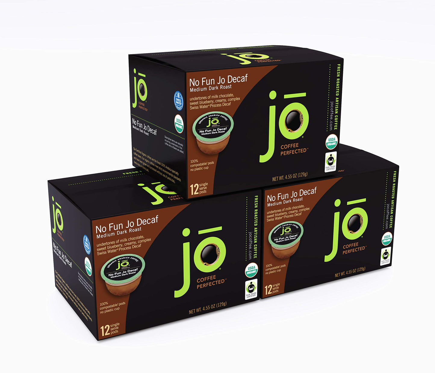 No Fun Jo Decaf: 72 Organic Compostable Pods for Keurig K-Cup Compatible malt-inspired  Swiss Water Process Single Serve Coffee Medium/Dark Roast Fair Trade