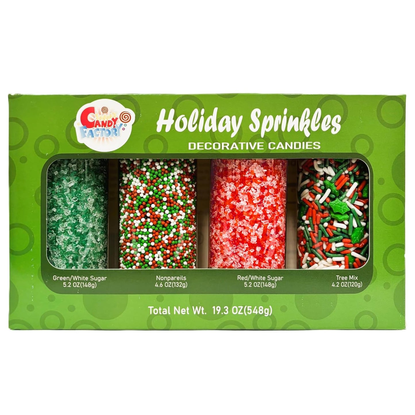 Holiday Sprinkles Set 4 Count 19.3 Oz Different Types in Jar, Cake- Cookies Sprinkles For Christmas-Party, Kosher,Green&White Su