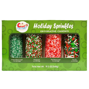 Holiday Sprinkles Set 4 Count 19.3 Oz Different Types in Jar, Cake- Cookies Sprinkles For Christmas-Party, Kosher,Green&White Su