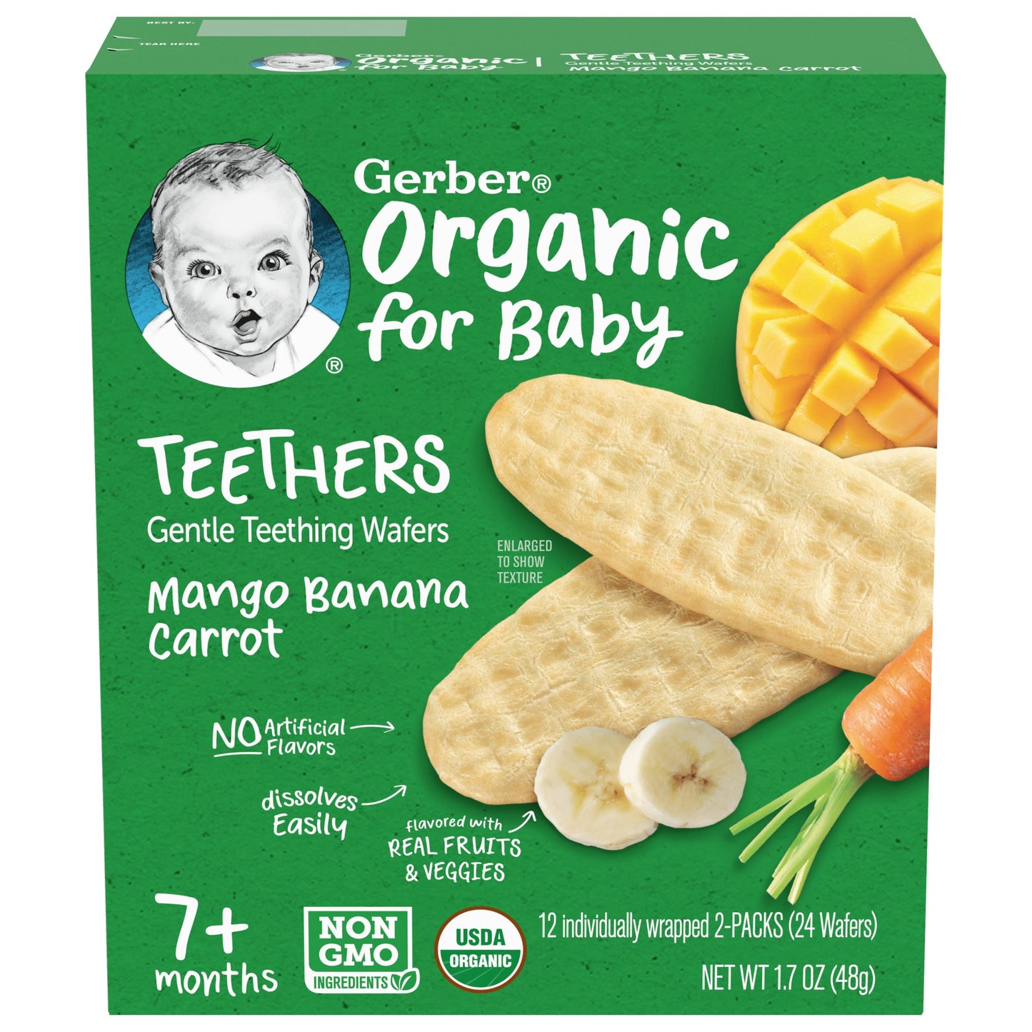 Gerber Organic For Baby Teethers, Mango Banana Carrot, Gentle Teething Wafers, Made With Non-Gmo Ingredients, 12 Individually Wr