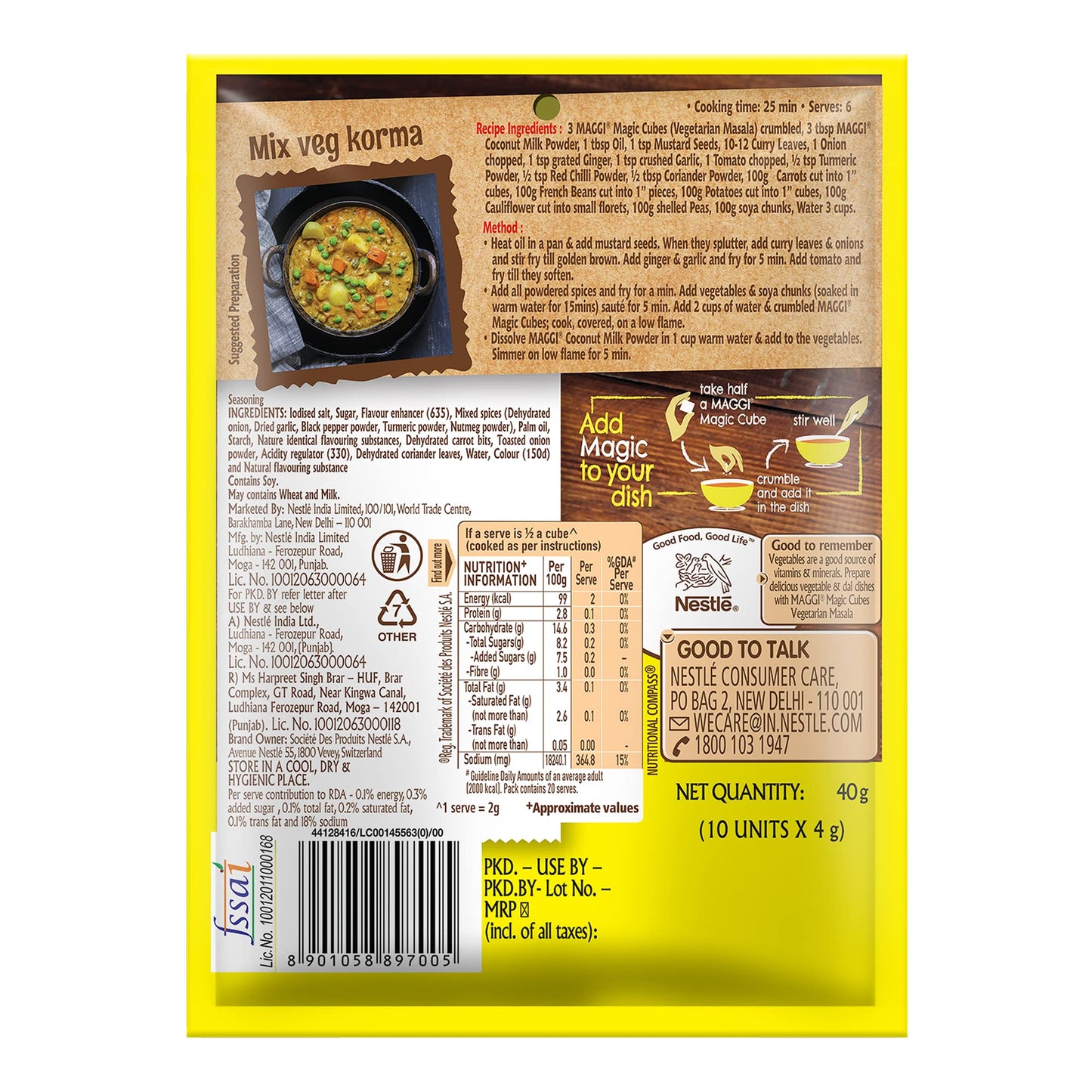Nestle Maggi Magic Cubes, Vegetarian Masala  10 Cubes (40 Gm)