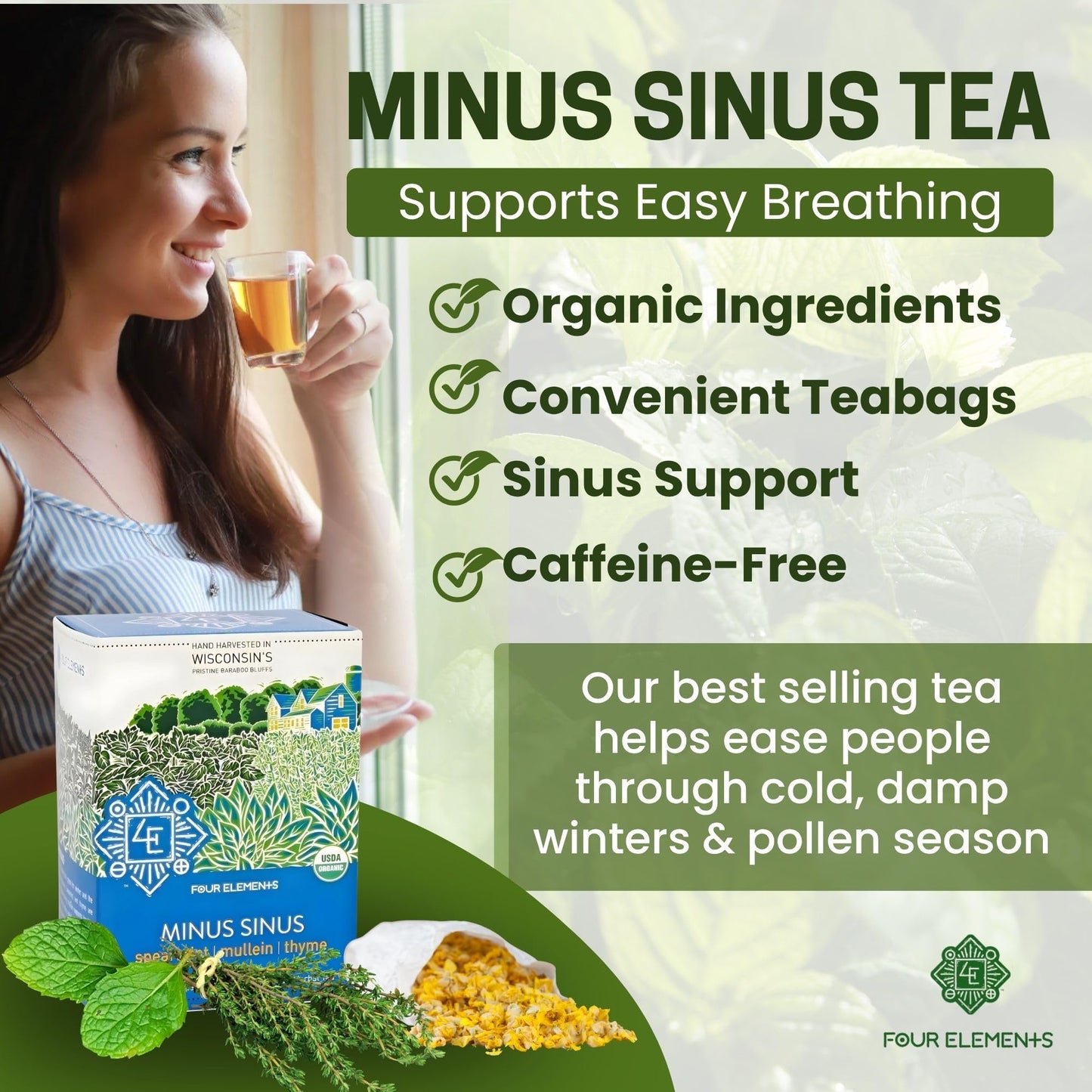 Four Elements 4E Minus Sinus Tea, Organic Herbal Tea with Spearmint, Mullein & Thyme, 16 Teabags, Caffeine-Free