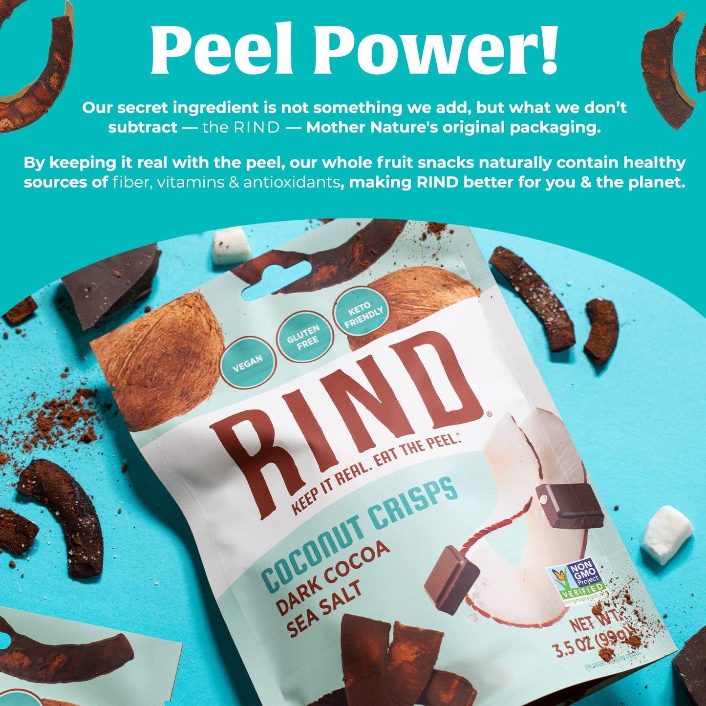 Rind Snacks | Dark Cocoa Sea Salt Coconut Crisps | Dried Fruit Superfood | Snack Chips | All Natural | Low Carbs | High In Fiber