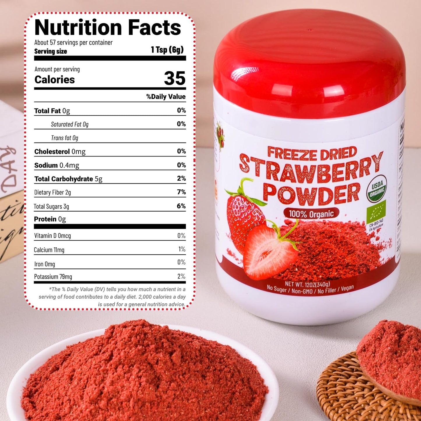 12Oz Organic Freeze Dried Strawberry Powder - 100% Natural Dry Strawberries, No Added Suger, Vegan & Non-Gmo, Strawberry Powder
