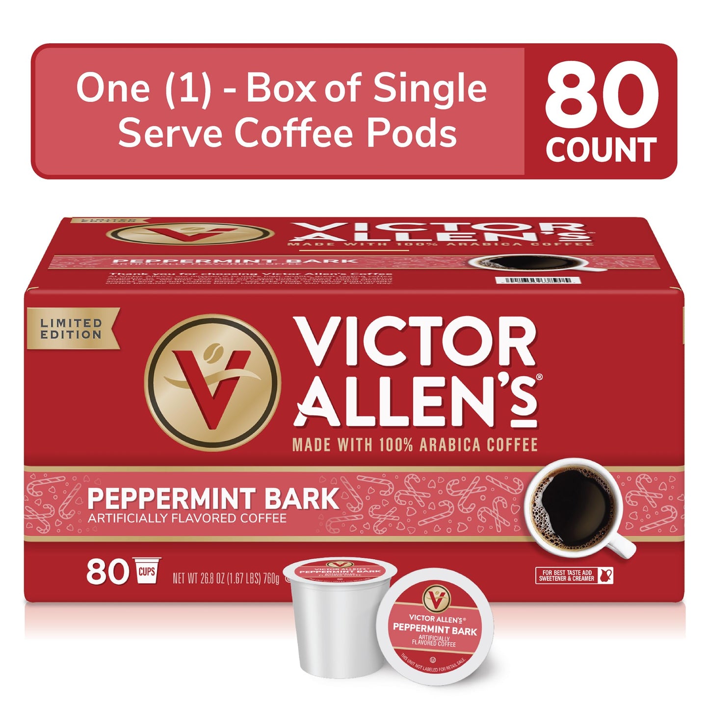 Victor Allens Coffee Peppermint Bark Flavored Medium Roast 80 Count Single Serve Pods for Keurig K-Cup malt-inspired